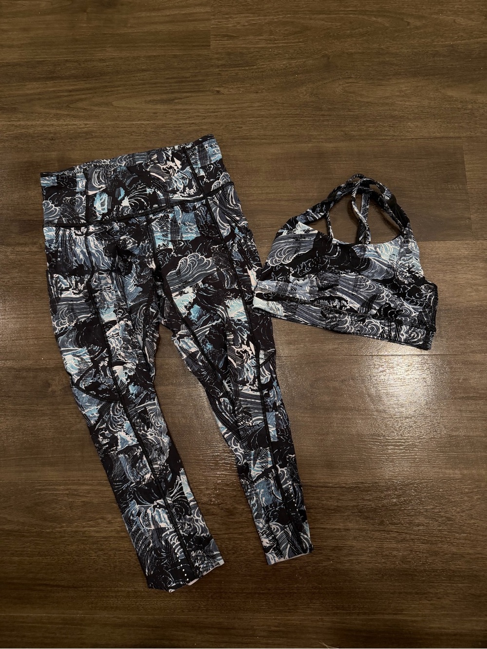 Kids Black & Blue Patterned Active Leggings and Sports Bra Set